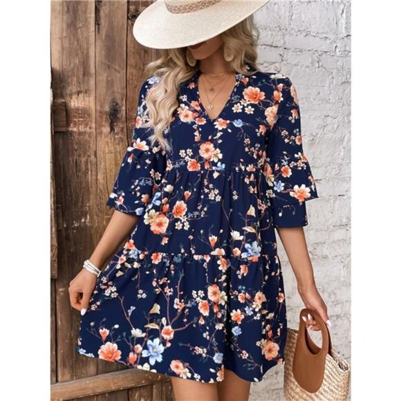 Floral Print Ruffle Sleeve Tiered Mini Dress - Picture 1 of 3